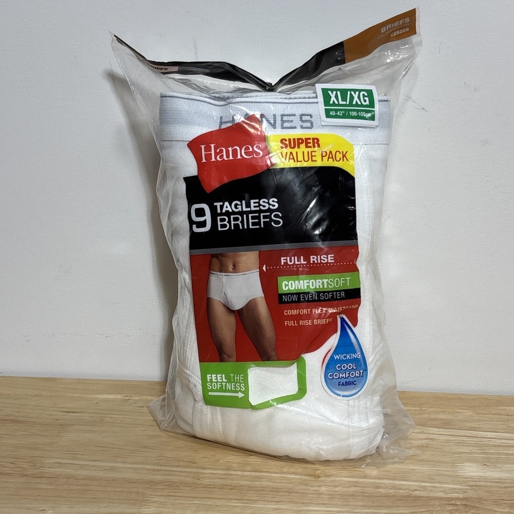 Hanes 9 Tagless Briefs Cool Comfort Flex Waistband White Full Rise XL 40" 42"